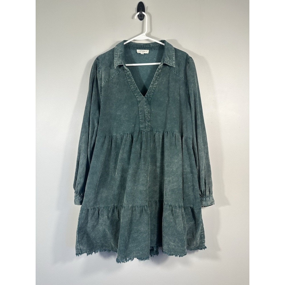 Umgee Dress Womens 2XL Green Mineral Wash Corduroy Babydoll Tiered Boho Pockets